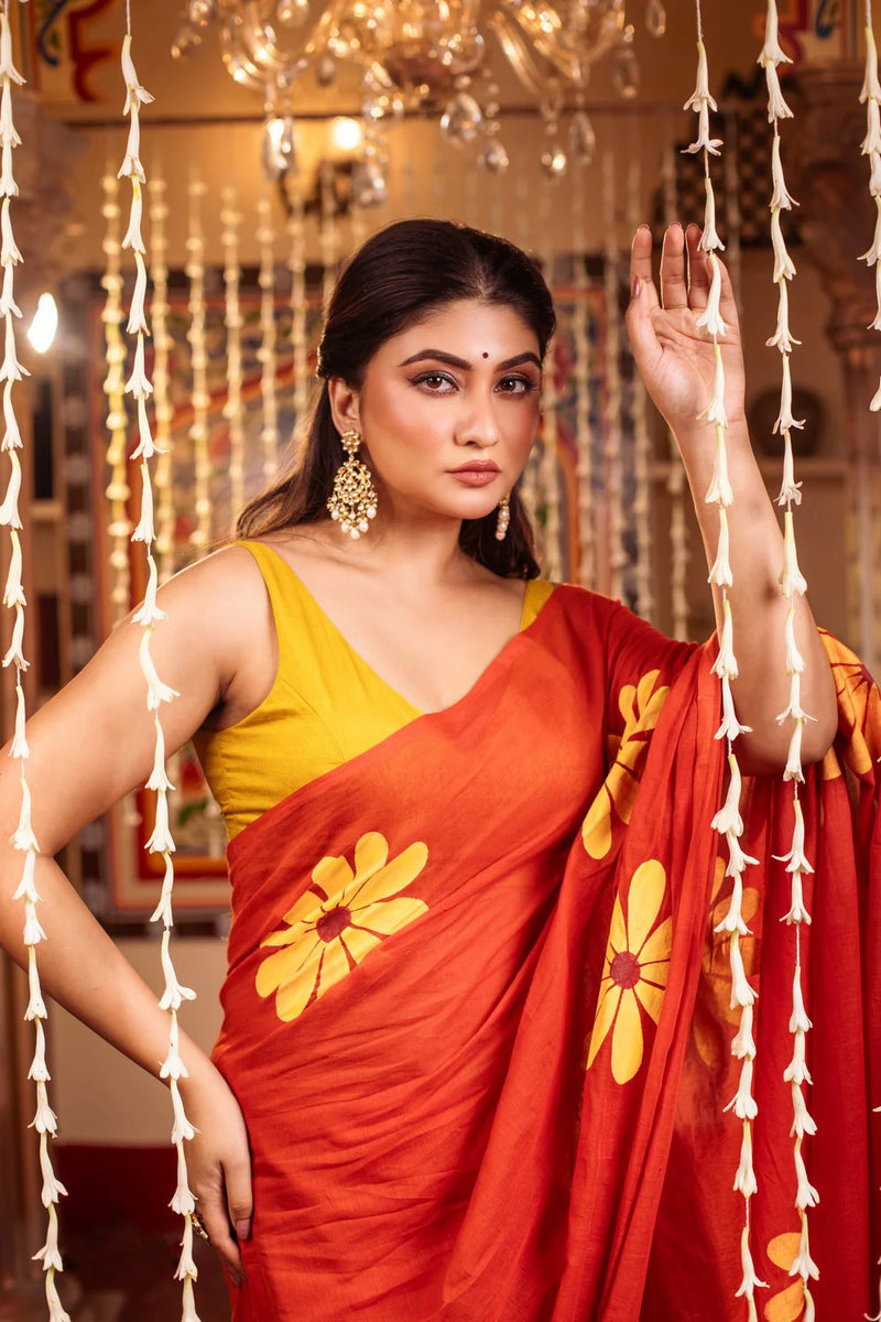 Mastaani- Pure Mul Cotton Handloom Handpainted Saree (Red)- By Reet Lifestyle