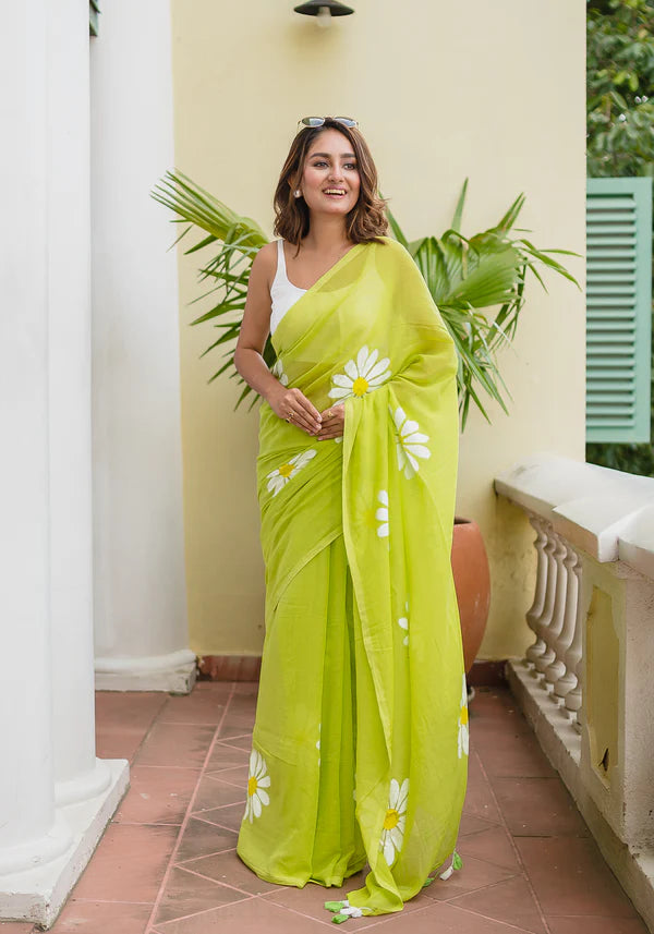 Green Hand Painted Mulmul Cotton Saree- By Reet Lifestyle
