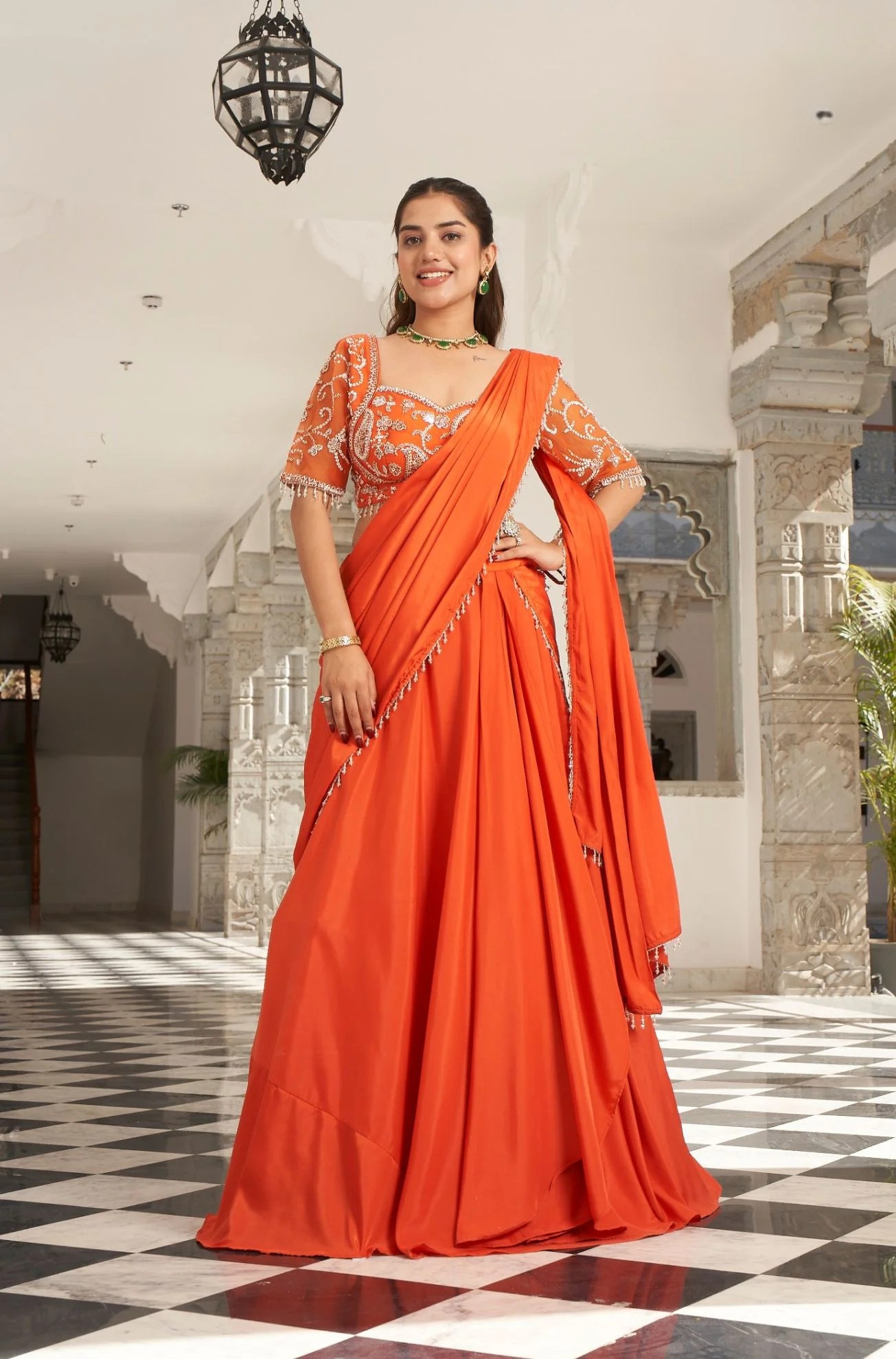 Orange Silk Crepe Pre-Draped Sequin Saree