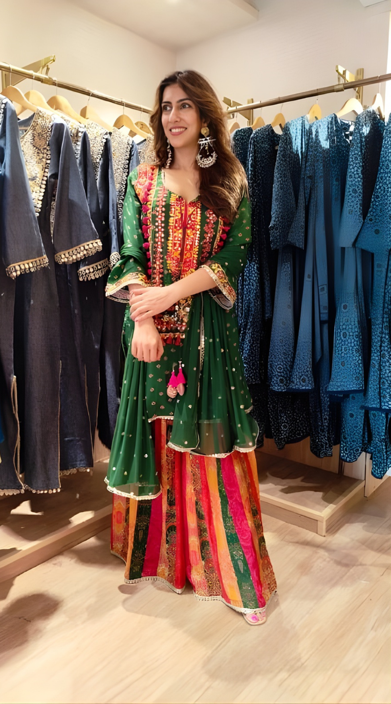 Blue Multicolor Crepe Mirror Work Sharara Set