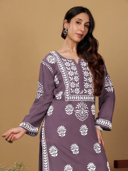 Rayon Long Chikankari Straight Kurti