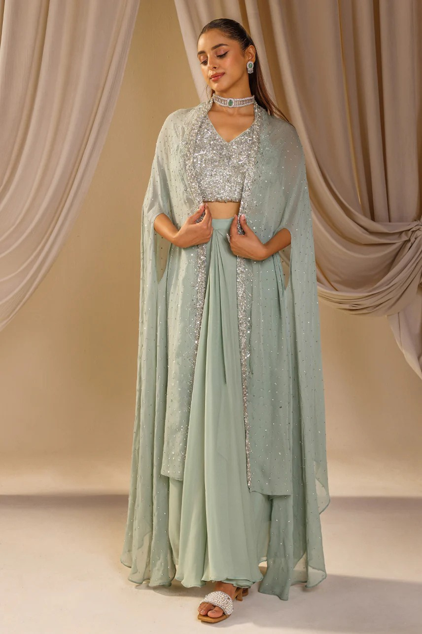 Green Mint Majesty Georgette Cape Set