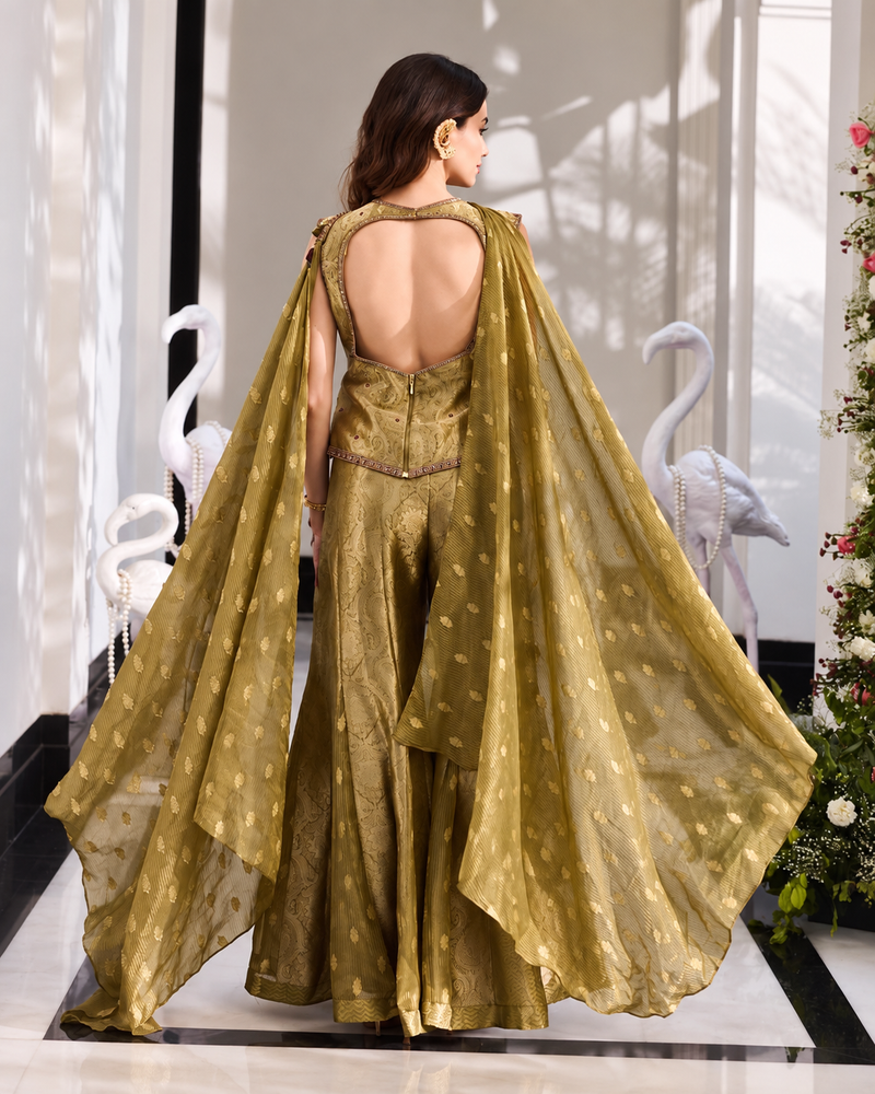 Mehfil Olive Gold Brocade Sharara Set