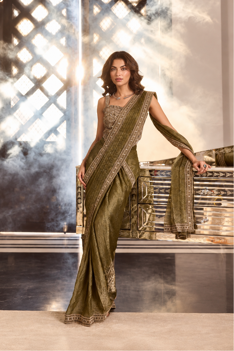 Olive Green Tissue Brocade Stone & Mirror Work Pre-Draped Saree