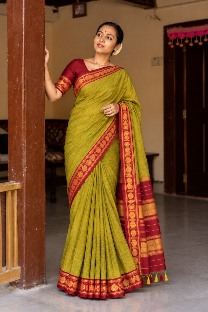 Handloom Cotton Silk Ilkal Saree With Pure Resham Pallu