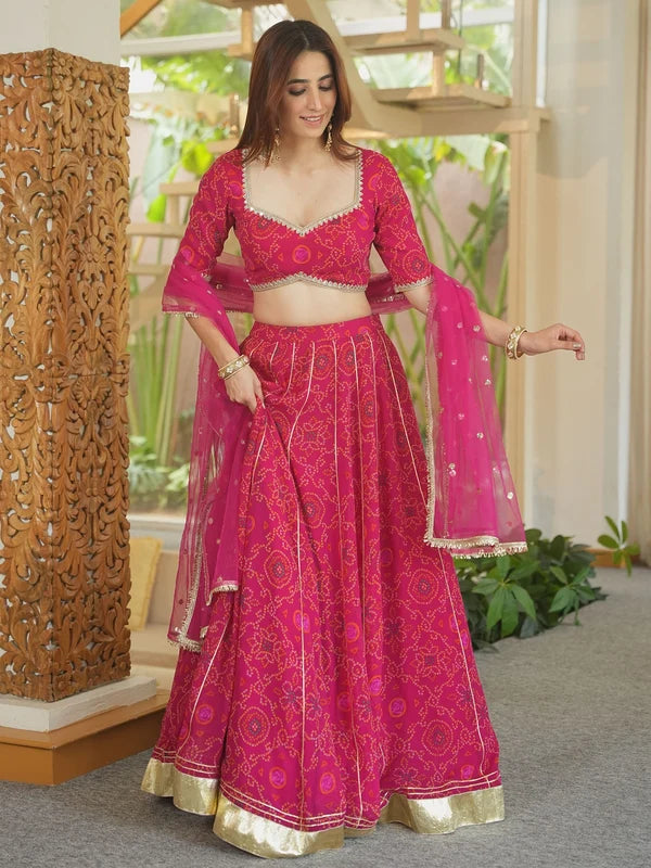 Gulabi Bandhej Festive Lehenga Set