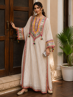 Noor-e-Gota Pure Mul Cotton Long Chogha Set with Mirror & Ghungroo Work Kaftan
