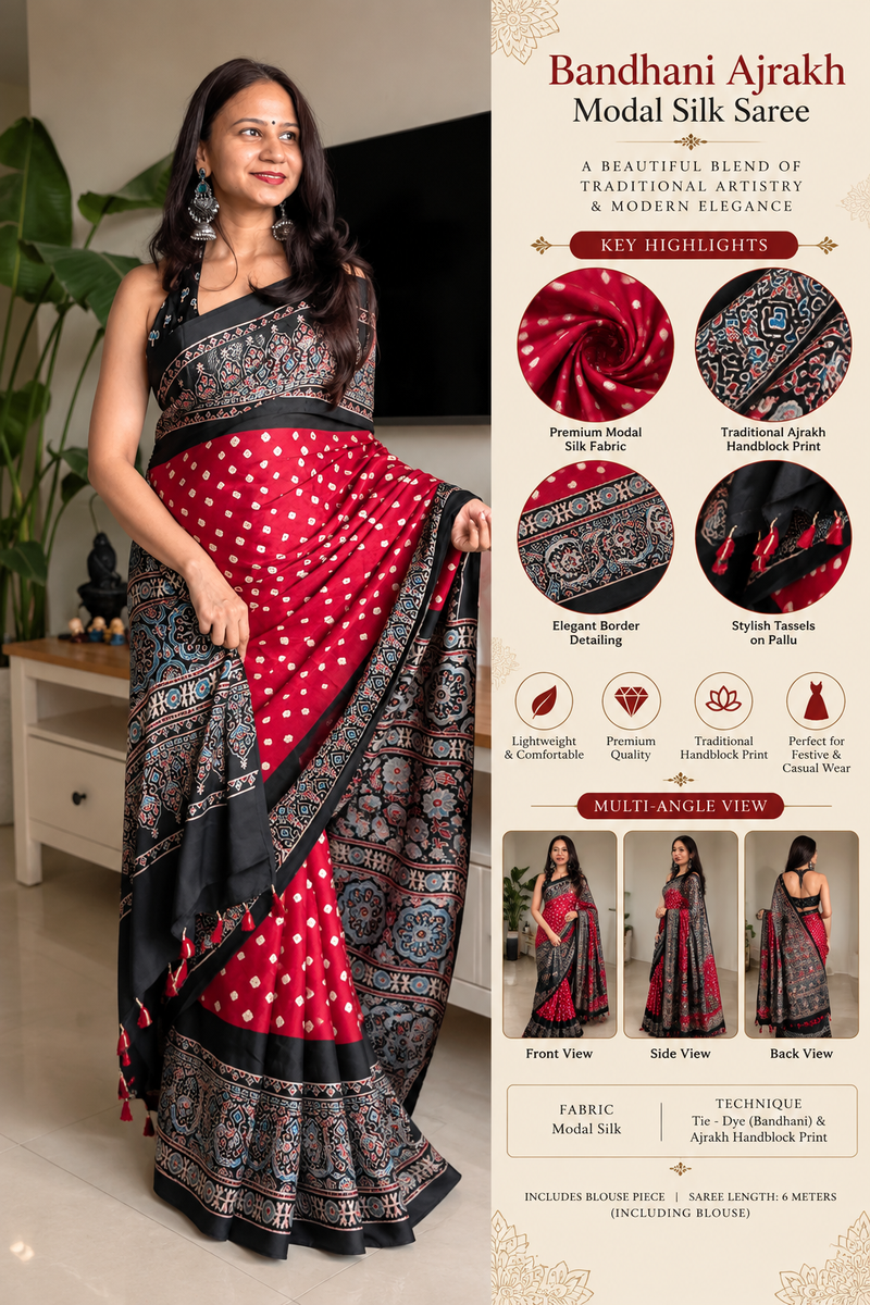Bandhani Ajrakh Modal Silk Saree