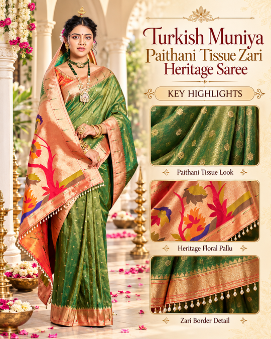 Turkish Muniya Paithani Tissue Zari Heritage Saree