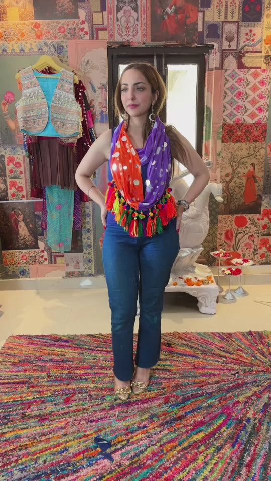 Bandhani Scarf Only Orange & Purple Tassel Edit