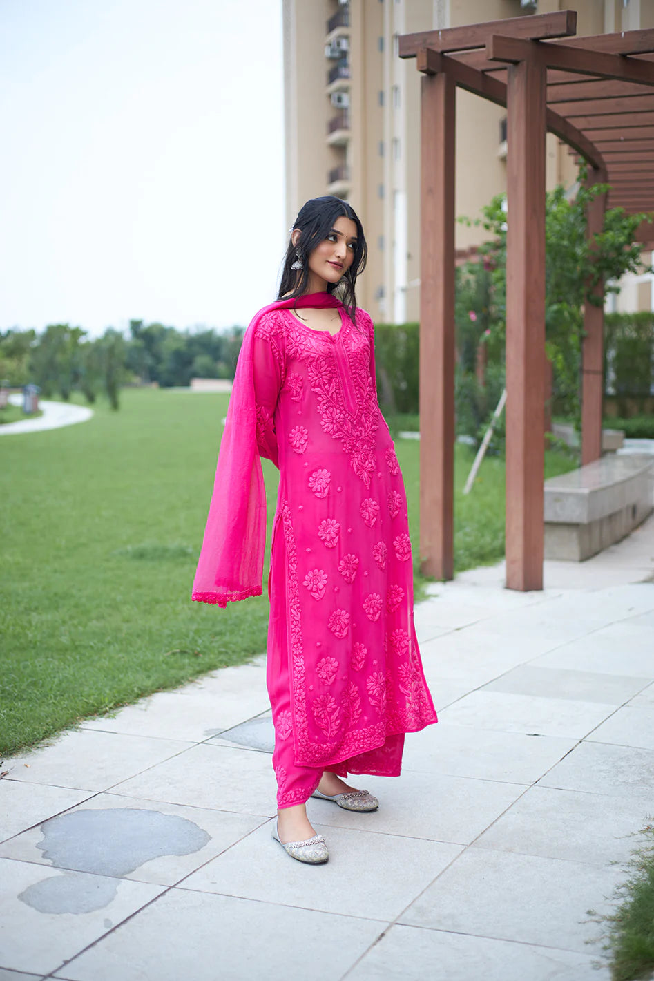 Mocha Blossom Viscose Georgette Straight Chikankari  Kurta Set