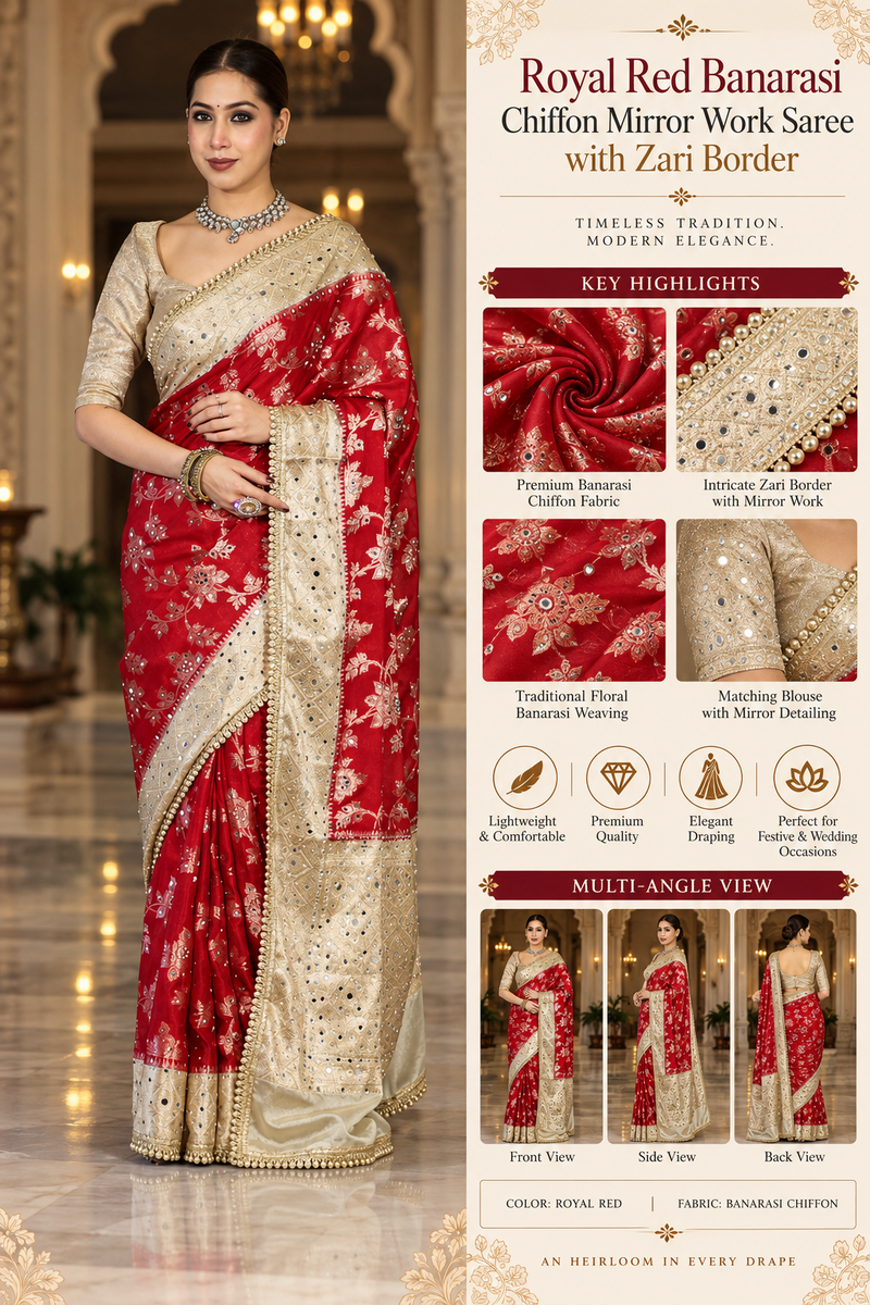 Royal Red Banarasi Chiffon Mirror Work Saree with Zari Border
