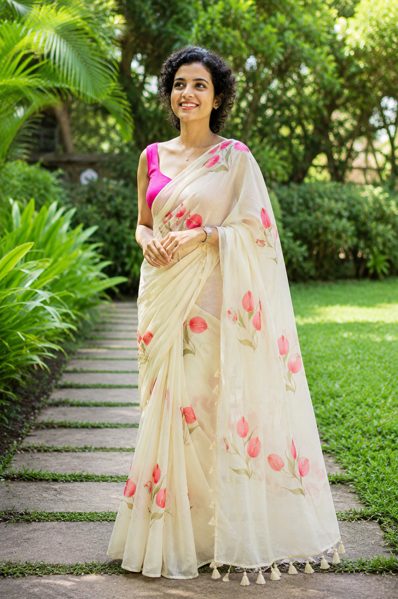 Sunshine Yellow Hand-Painted Tulip Mul Cotton Saree