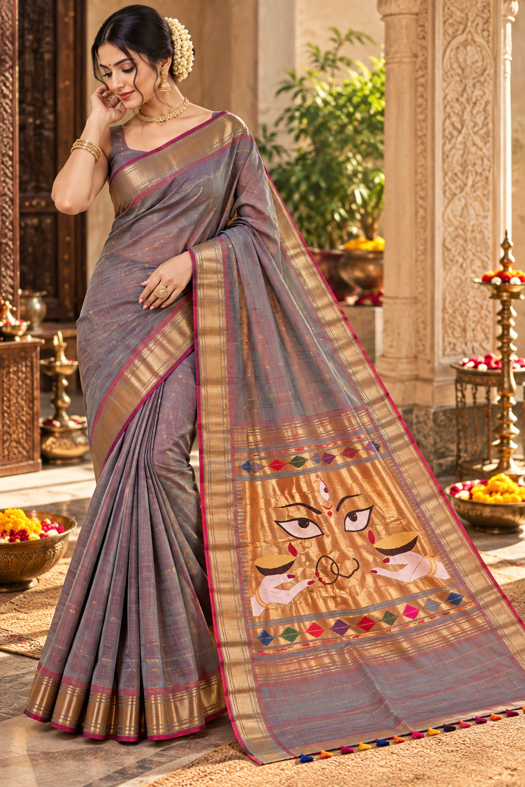 Traditional Maharashtrian Devi Varn Temple Design Zari Border Cotton Paithani Saree