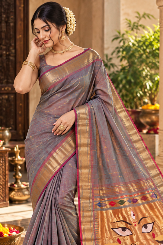 Traditional Maharashtrian Devi Varn Temple Design Zari Border Cotton Paithani Saree