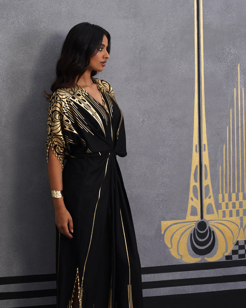 Midnight Gold Foil Draped Kaftan Dress
