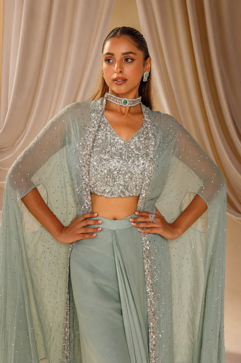 Mint Green Cape Set with Saree-Inspired Drape