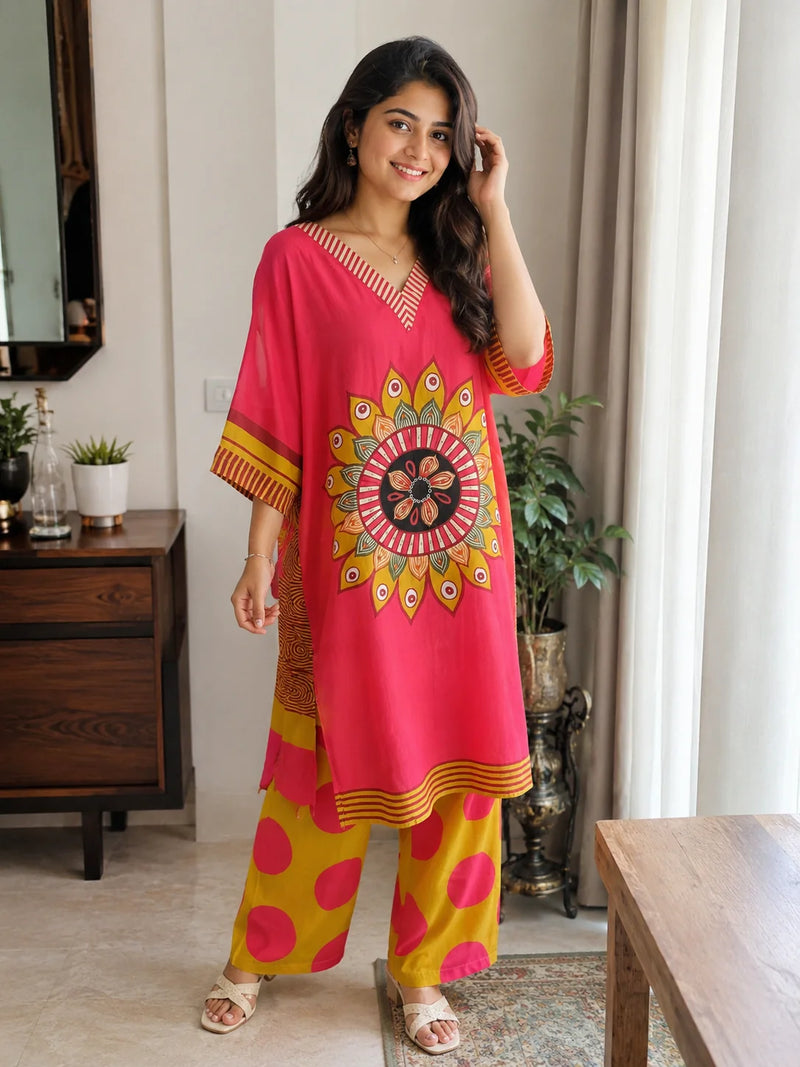 Crimson Mandala Printed Kaftan Set for Women