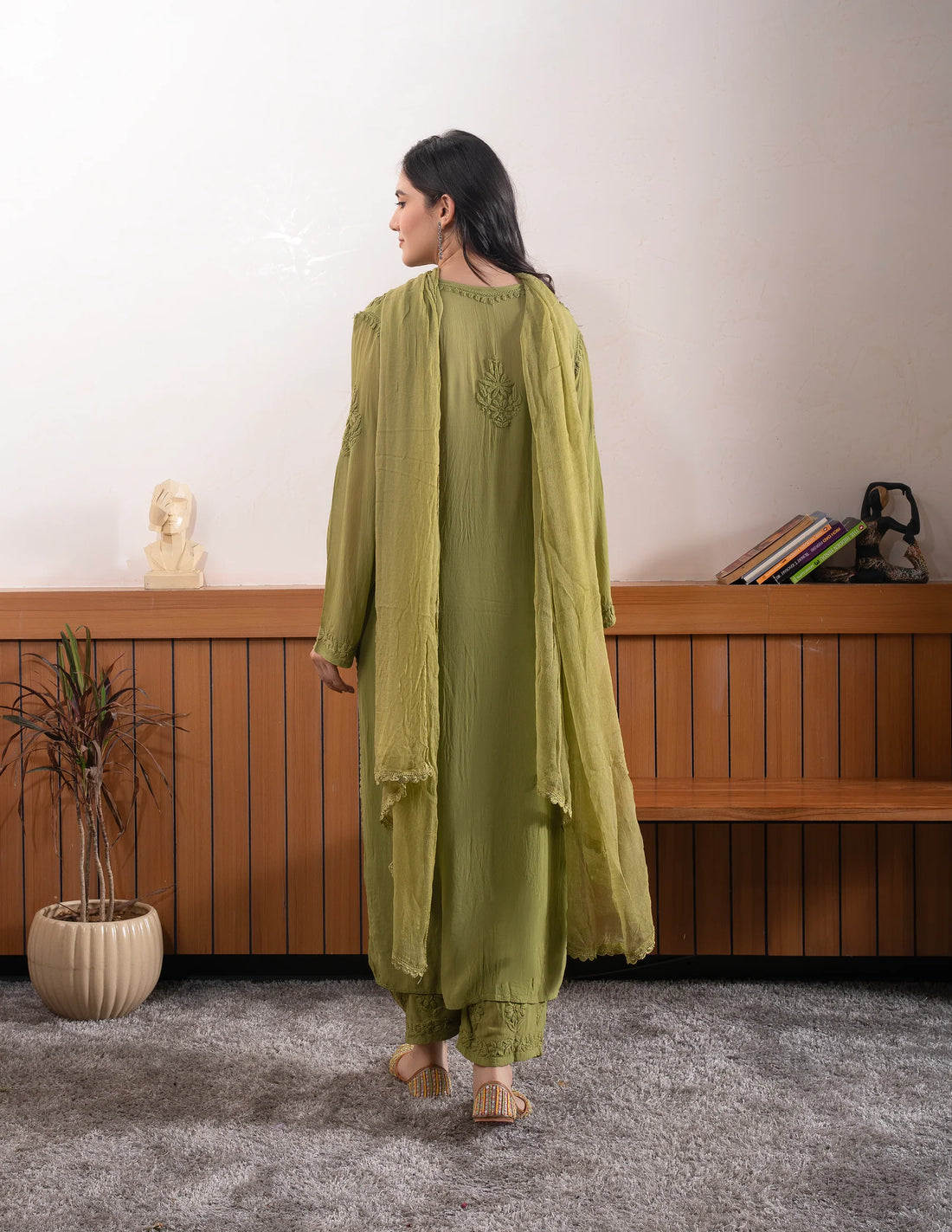 Mocha Blossom Viscose Georgette Straight Chikankari  Kurta Set