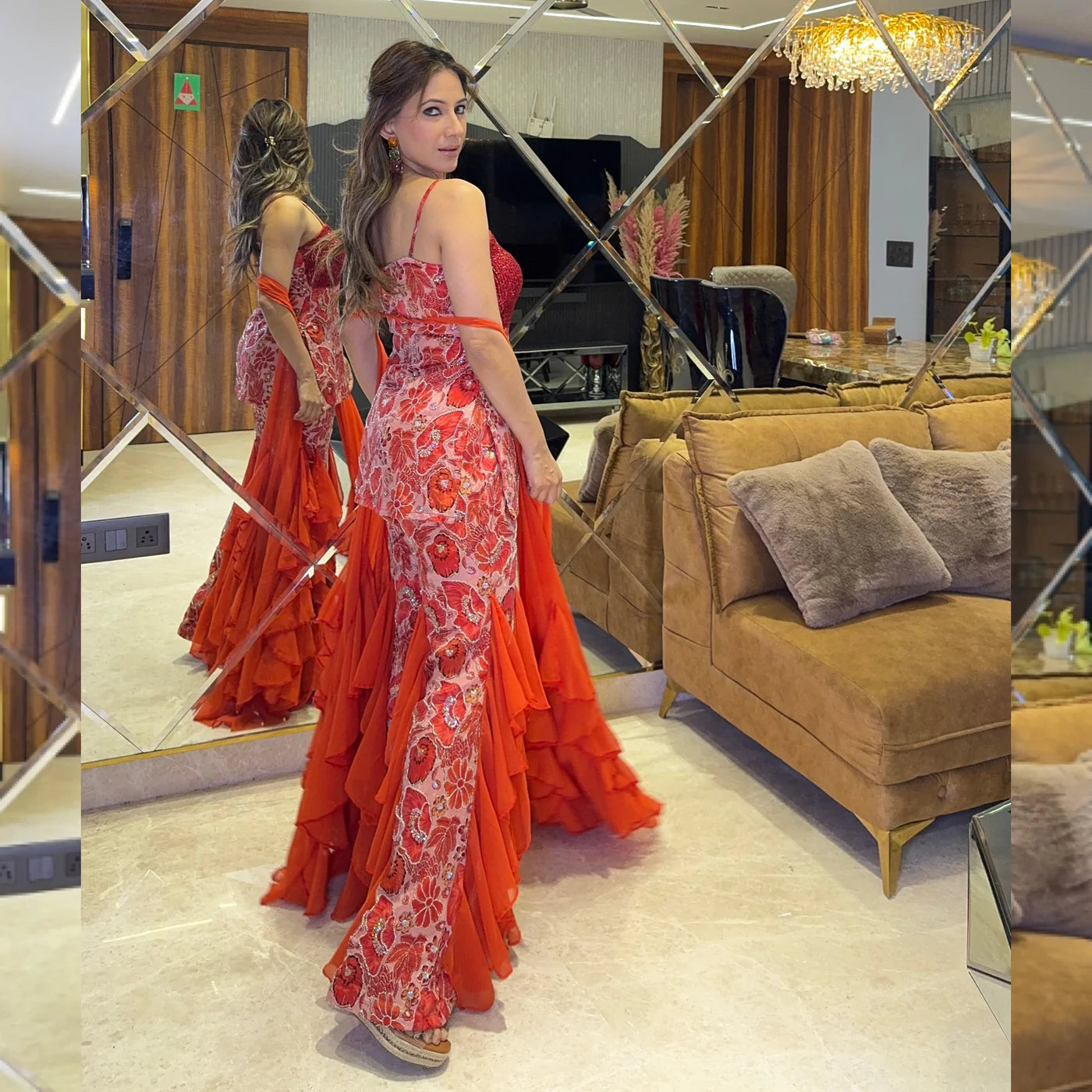 Red Floral Embellished Ruffle Jumpsuit Gown