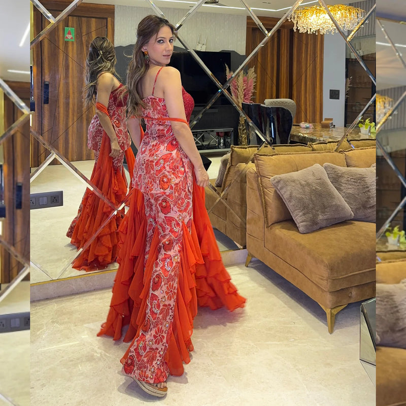 Red Floral Embellished Ruffle Jumpsuit Gown
