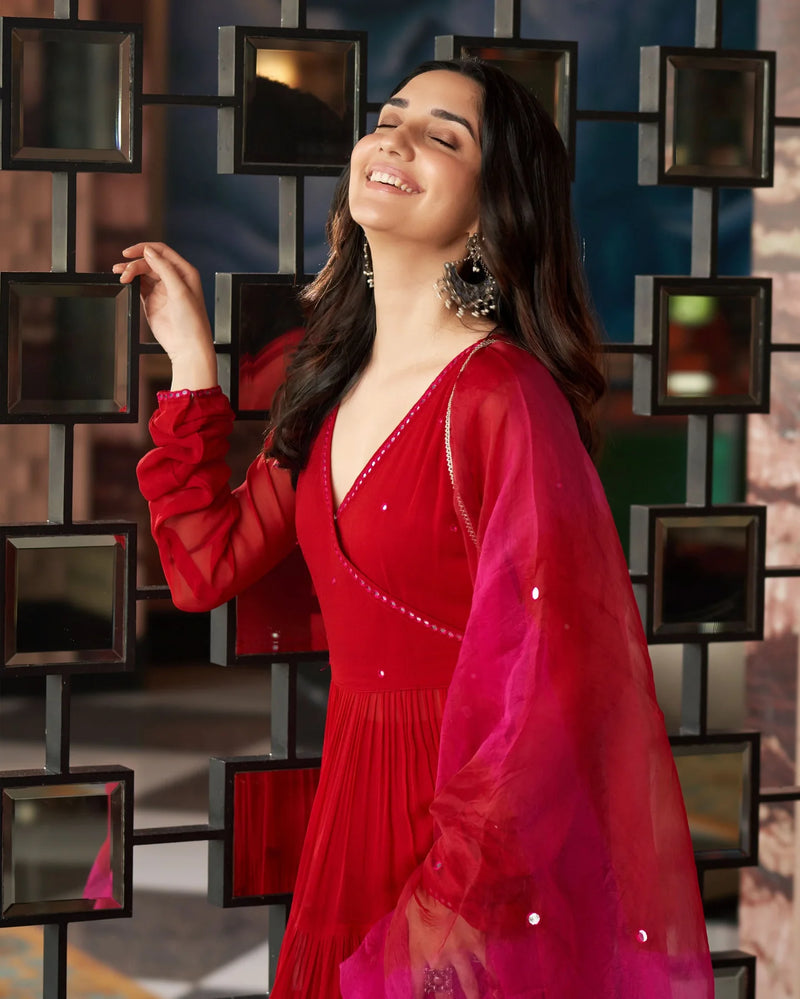 Mirror Work Embroidered Georgette Anarkali Suit Set