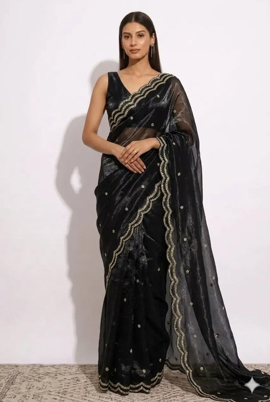 Noir Drape Ready-to-Wear Satin Chiffon Saree with Blouse