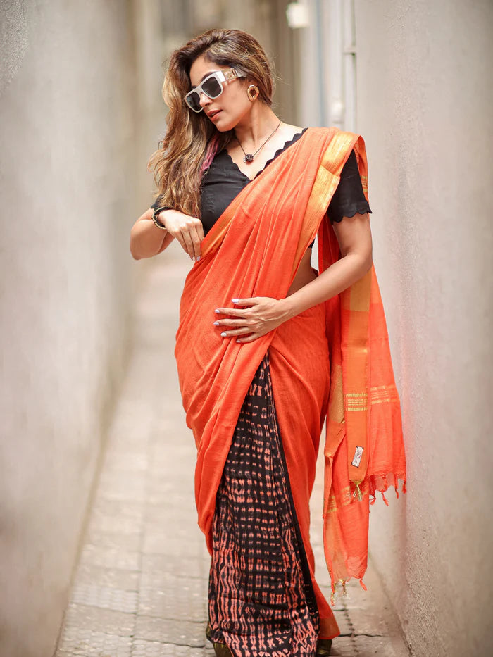 Coral Glow Soft Linen Quirky Saree