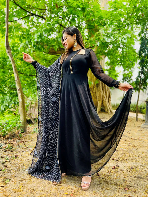 Graceful Navy Blue Bandhani Anarkali Outfit