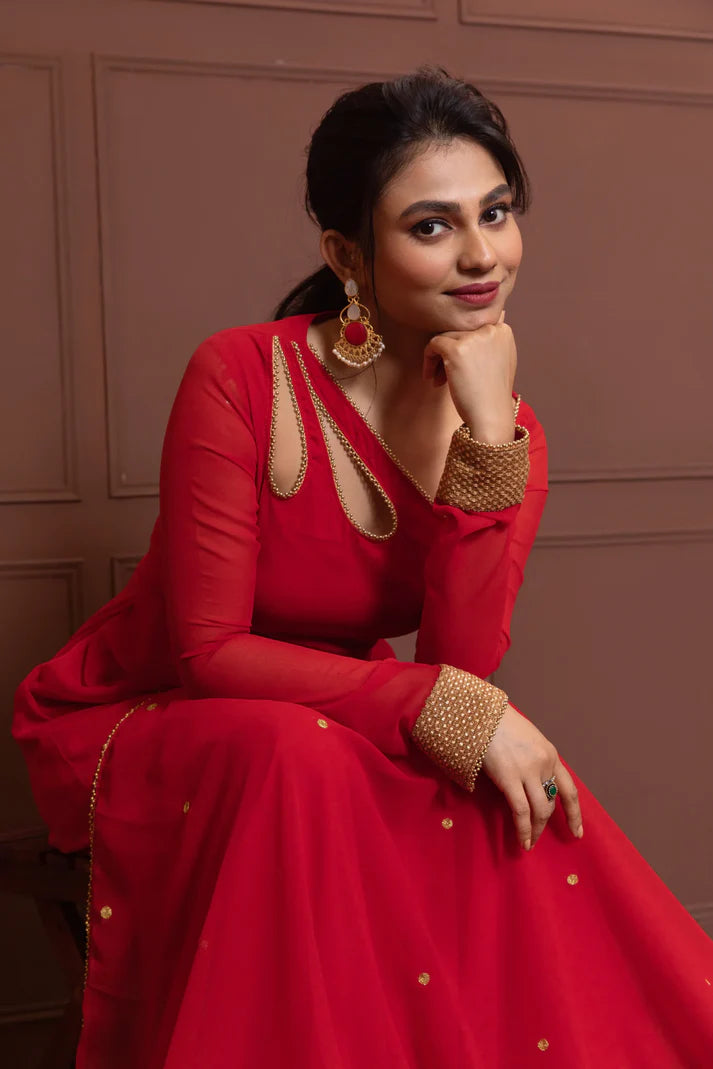 Chanderi Red Petal Neck Anarkali with Dupatta
