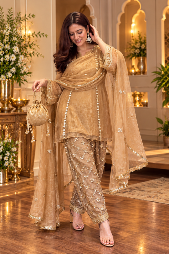 Royal Gota Patti Work Pakistani Kalidar Suit Set in Pure Crushed Tissue