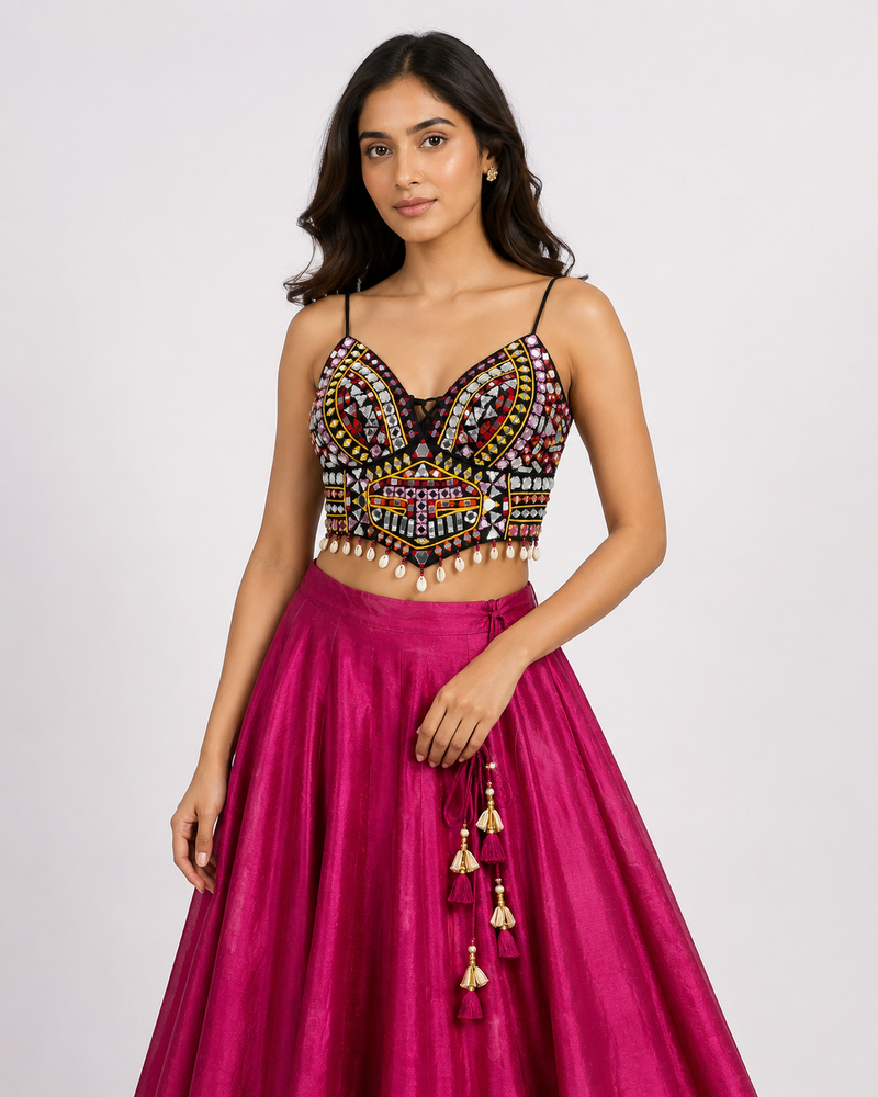 Rani Pink Mirror Work Designer Blouse with Shell Tassels