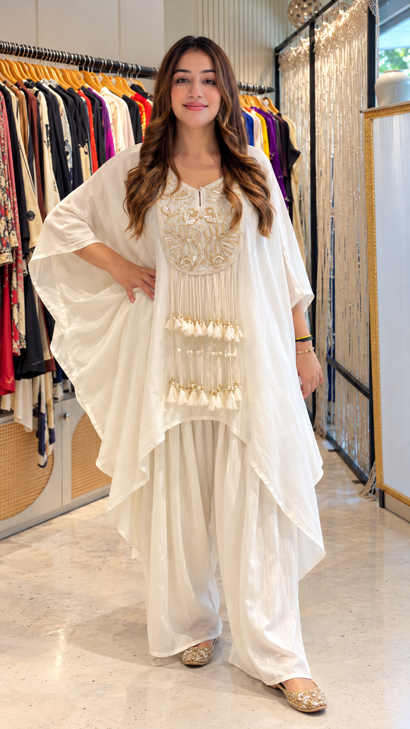 Safa Ivory Satin Embroidered Kaftaan Palazzo Set