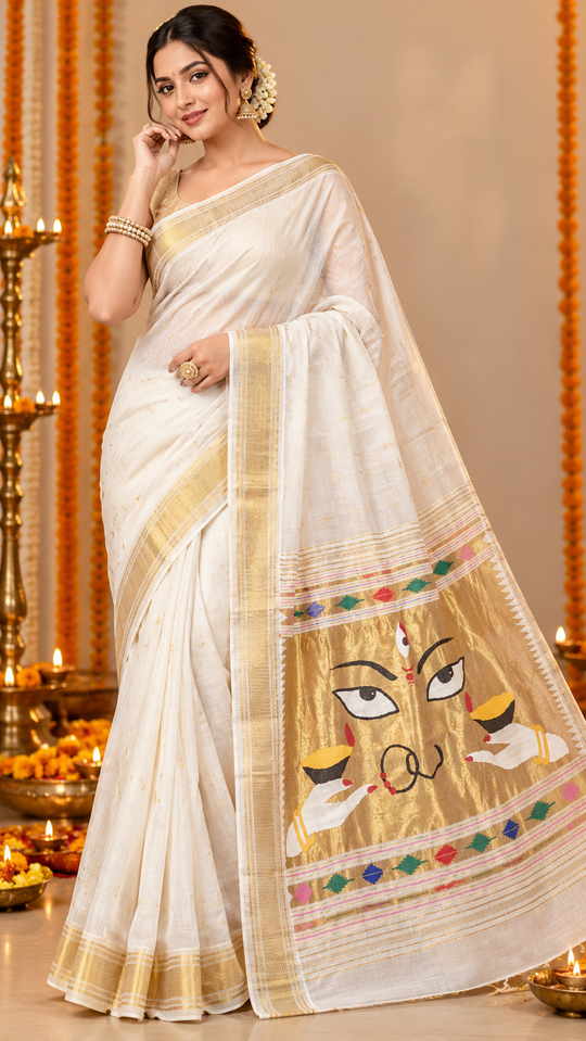 Traditional Maharashtrian Devi Varn Temple Design Zari Border Cotton Paithani Saree