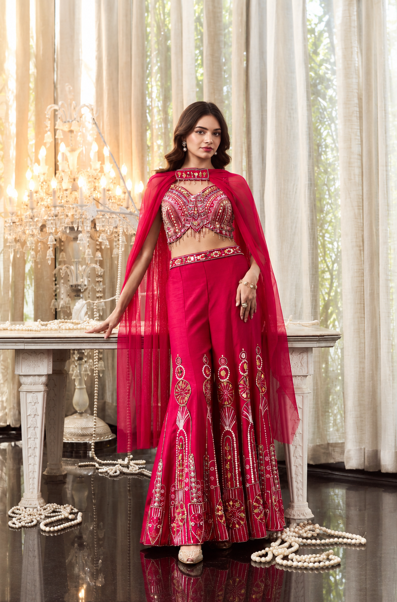 Riya Hot Pink Banglori Silk Handwork Sharara Set
