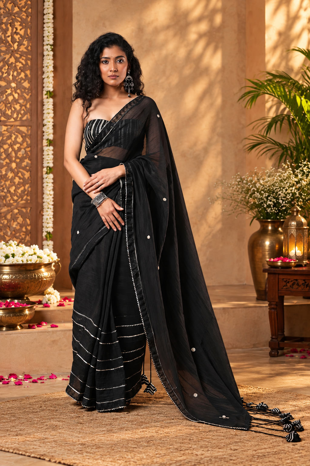 Mona Black Silver Zari Pure Mul Chanderi Saree With Blouse