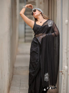 Embroidery Mul Mul Cotton black Saree