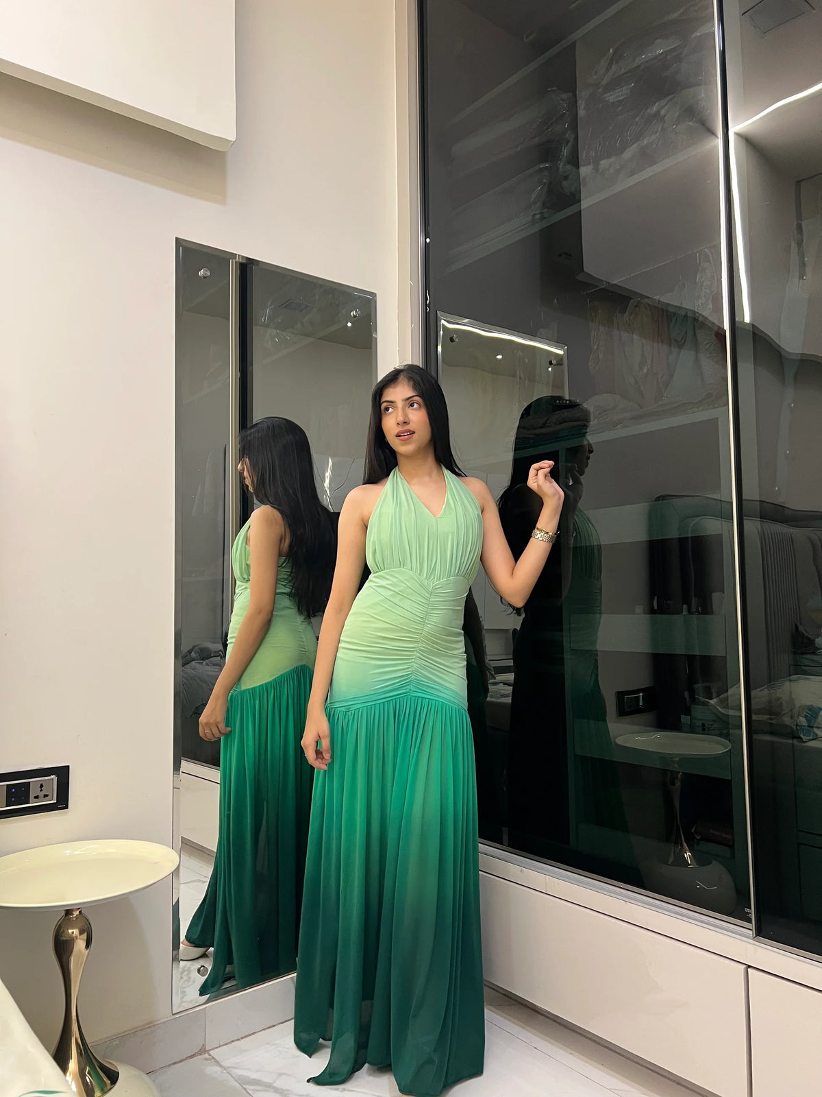 Green Mesh Lycra Flared Gown
