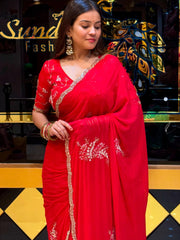 Sundari Fashion Red Embroidered Saree