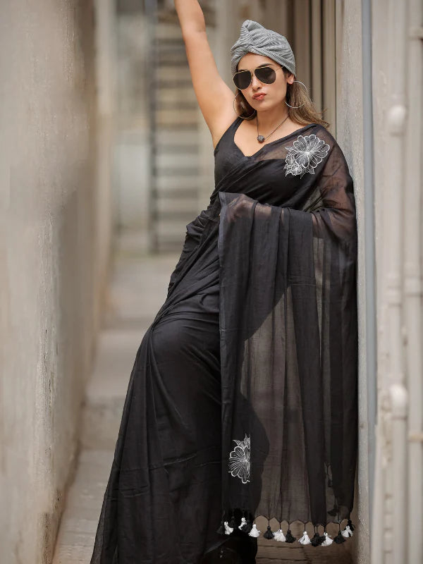 Embroidery Mul Mul Cotton black Saree