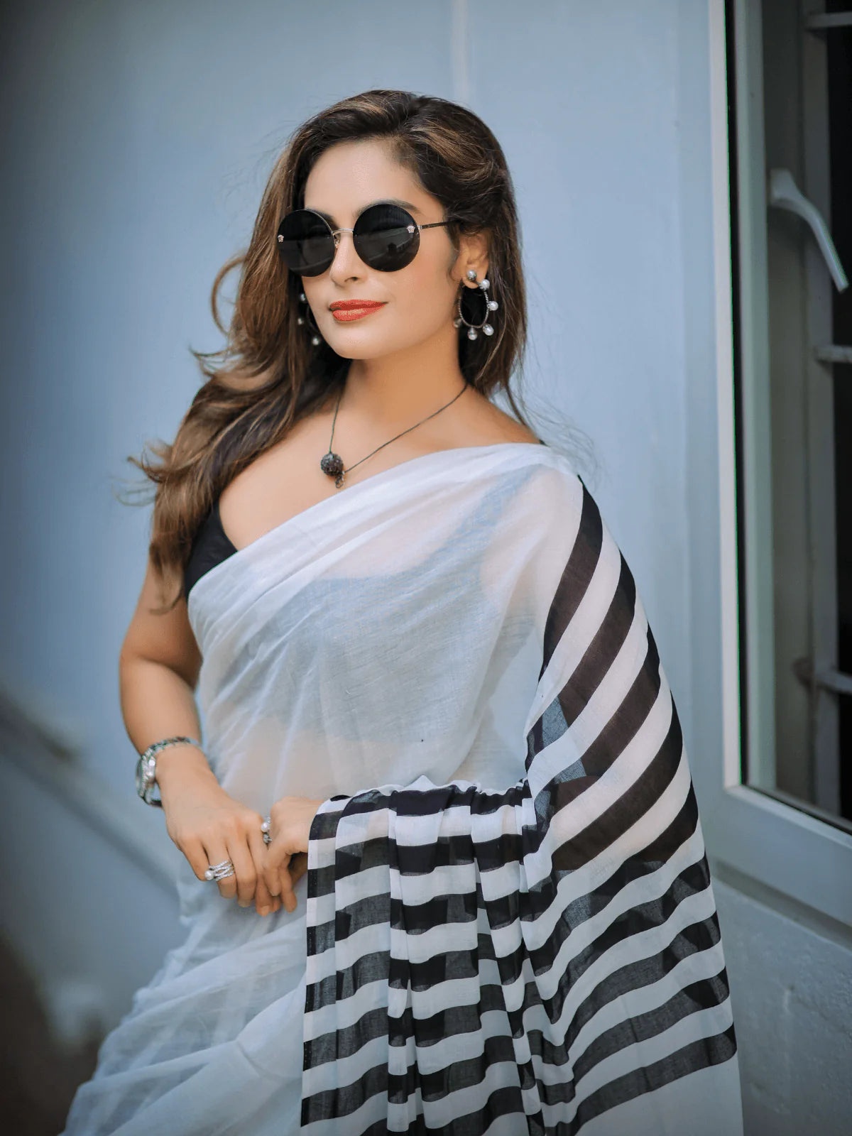 White Black Drama Queen Mul Saree