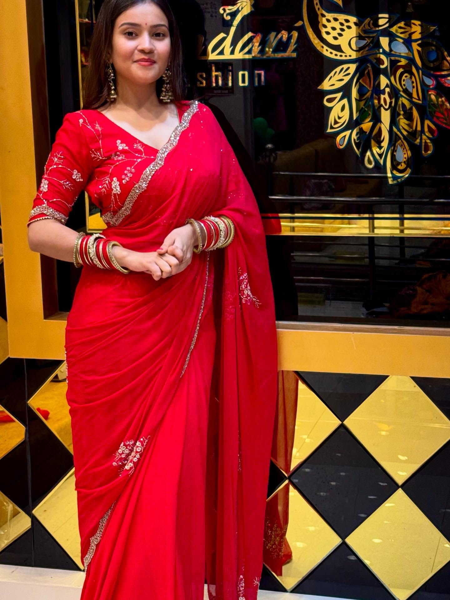 Sundari Fashion Red Embroidered Saree