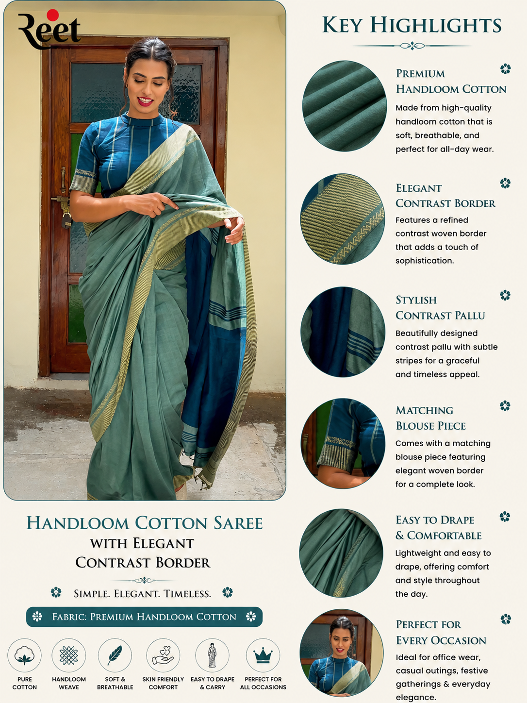 Handloom Cotton Saree with Elegant Contrast Border