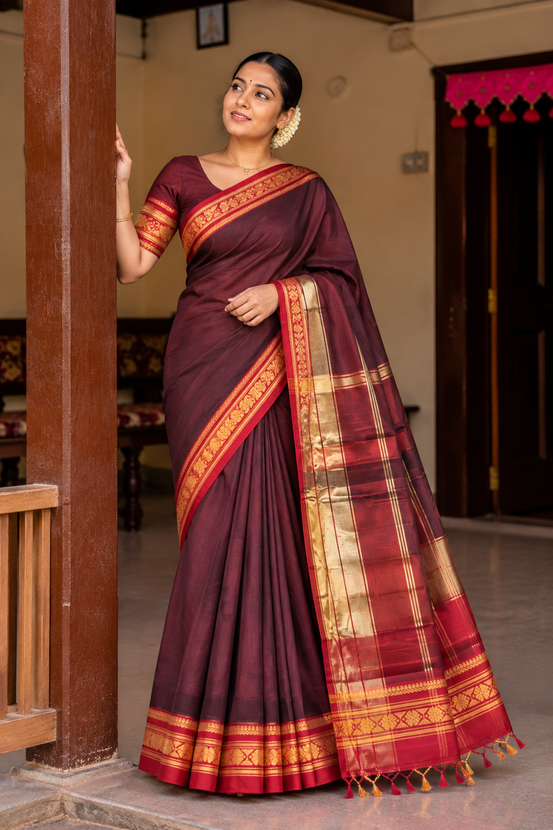 Handloom Cotton Silk Ilkal Saree With Pure Resham Pallu