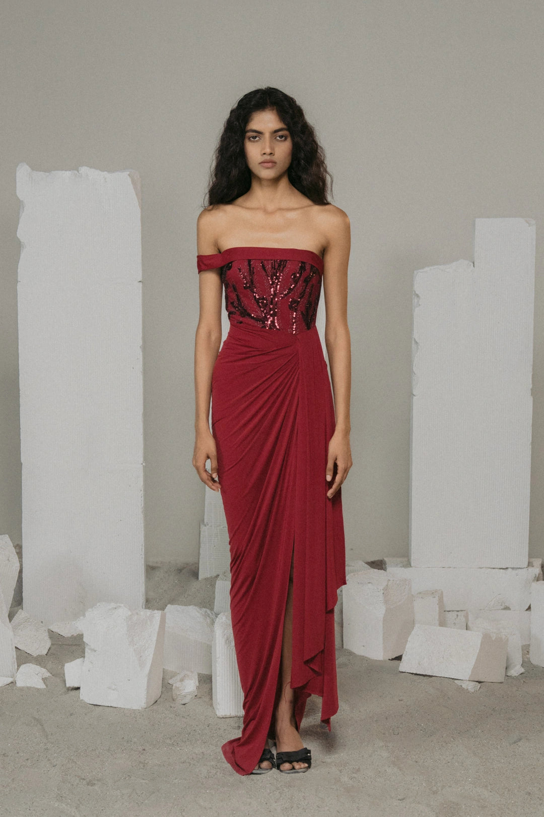 Burgundy Sequin Draped Glamour Gown