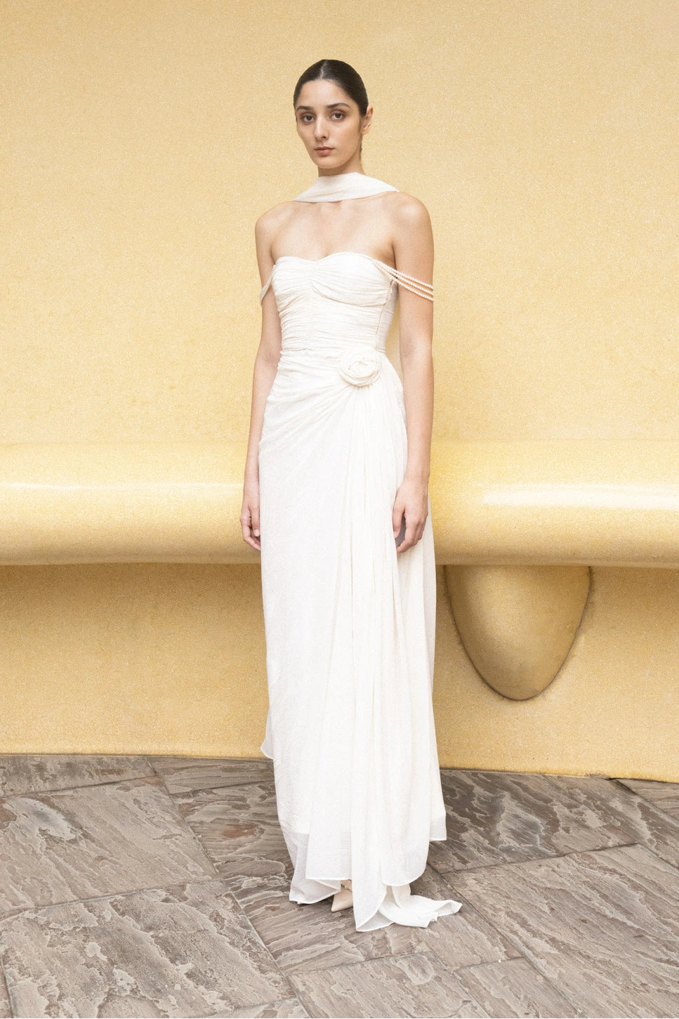Ivory Pearl Cascade Off-Shoulder Gown
