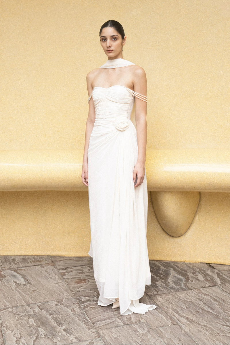 Ivory Pearl Cascade Off-Shoulder Gown