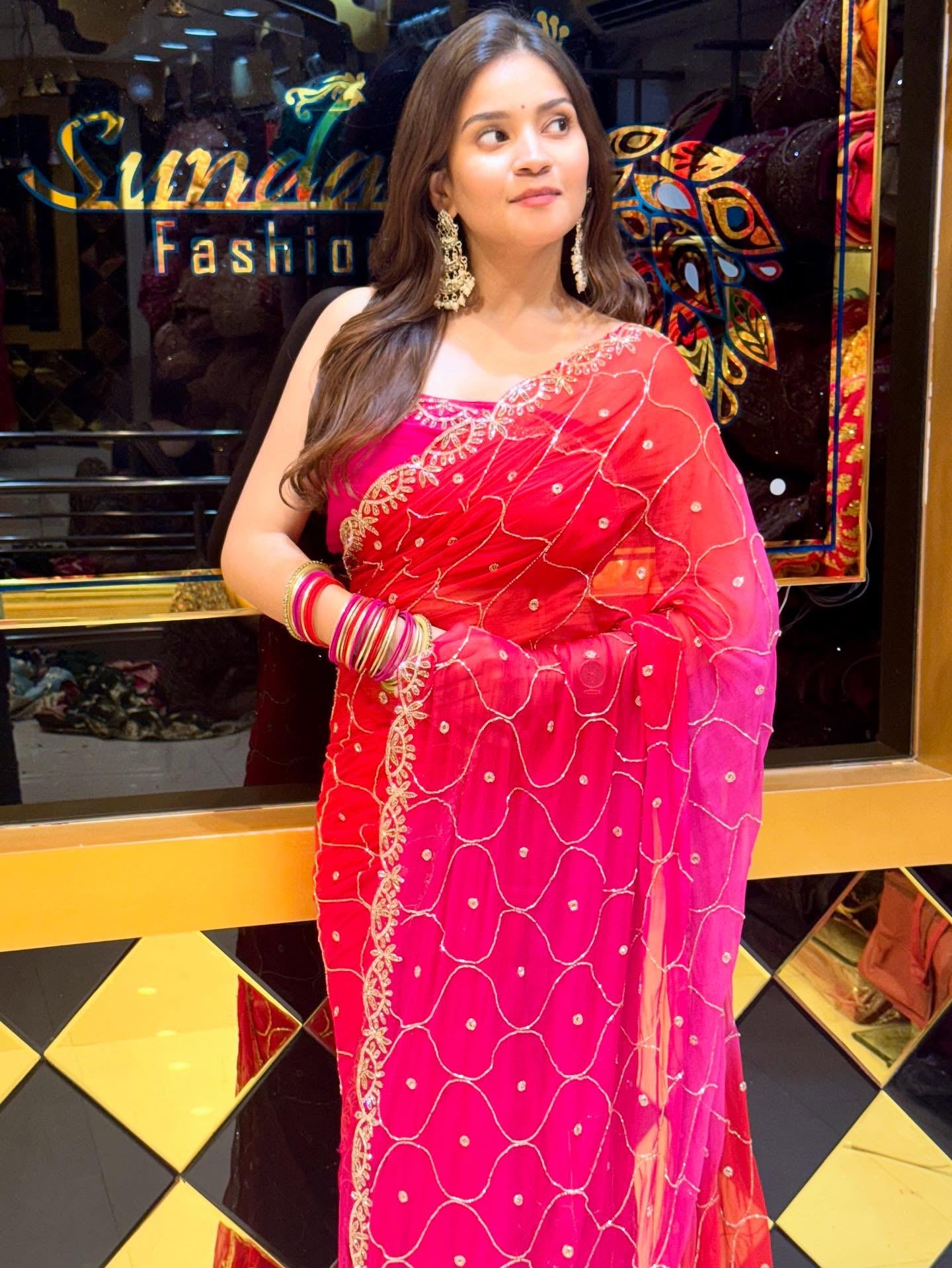 Sundari Fashion Red Embroidered Saree