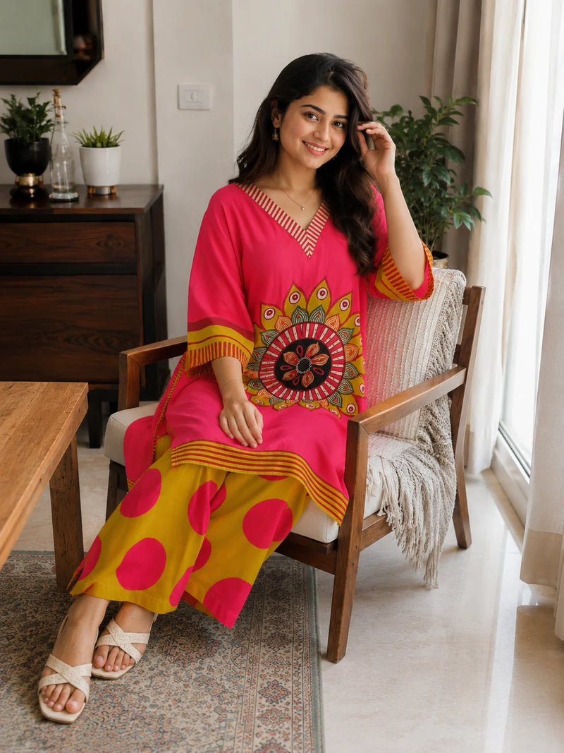 Crimson Mandala Printed Kaftan Set for Women