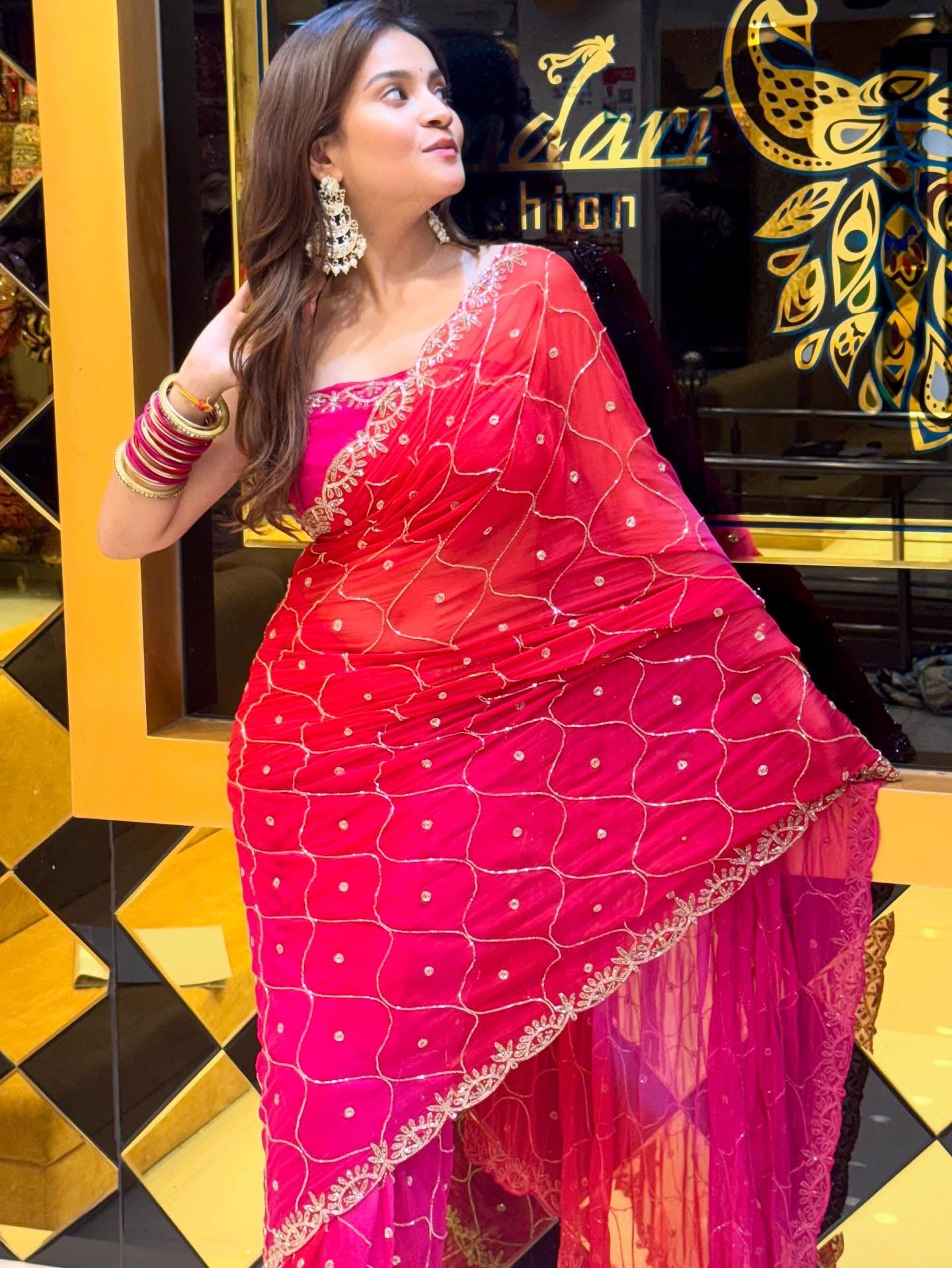 Sundari Fashion Red Embroidered Saree